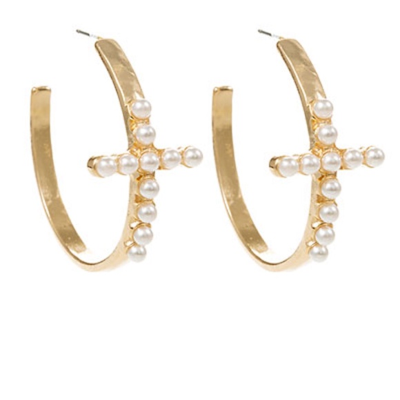 Pearl Cross Accent Brass Hoops - Picture 1 of 1